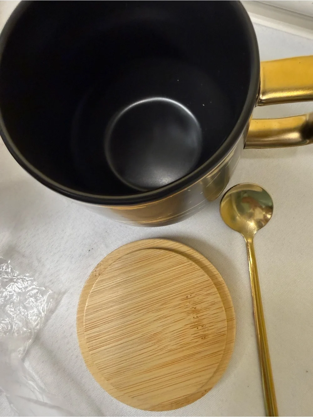 New Fine Bone China with Gold Mug with Acacia Lid and Accent Spoon New in Box